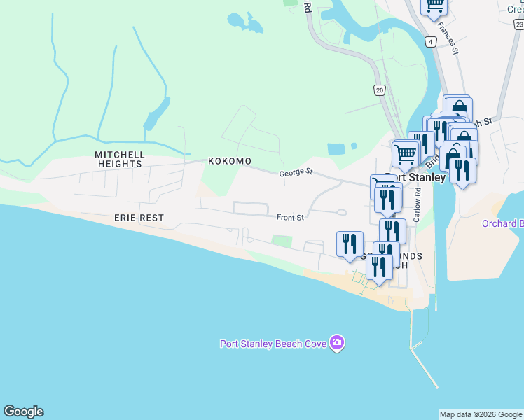 map of restaurants, bars, coffee shops, grocery stores, and more near 413 Front Street in Port Stanley