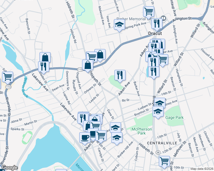 map of restaurants, bars, coffee shops, grocery stores, and more near in Lowell