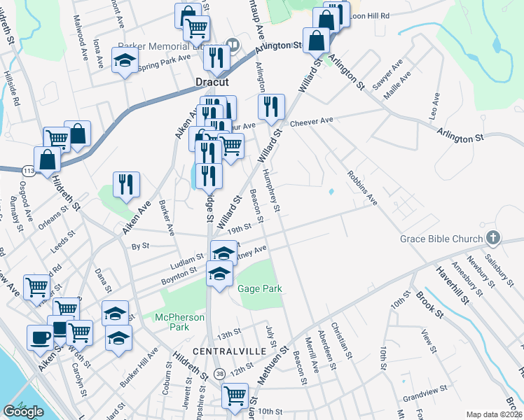 map of restaurants, bars, coffee shops, grocery stores, and more near 29 20th Street in Lowell