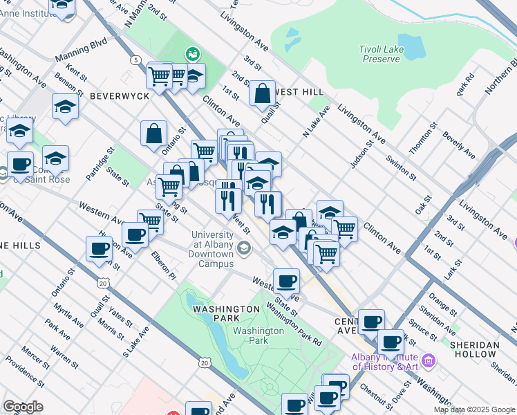 map of restaurants, bars, coffee shops, grocery stores, and more near in Albany