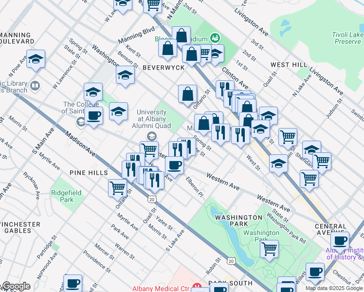 map of restaurants, bars, coffee shops, grocery stores, and more near 690 State Street in Albany