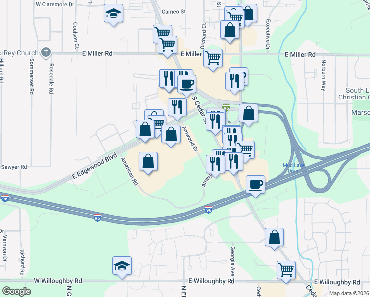 map of restaurants, bars, coffee shops, grocery stores, and more near 500 East Edgewood Boulevard in Lansing