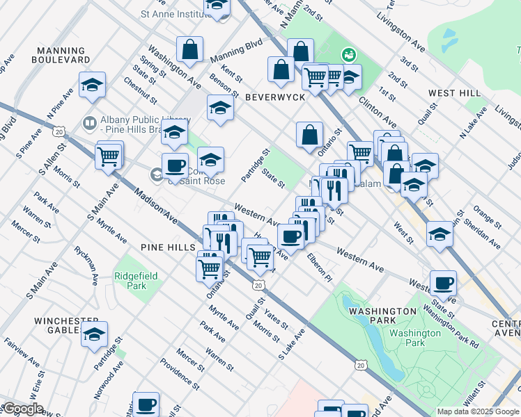 map of restaurants, bars, coffee shops, grocery stores, and more near 279 Western Avenue in Albany