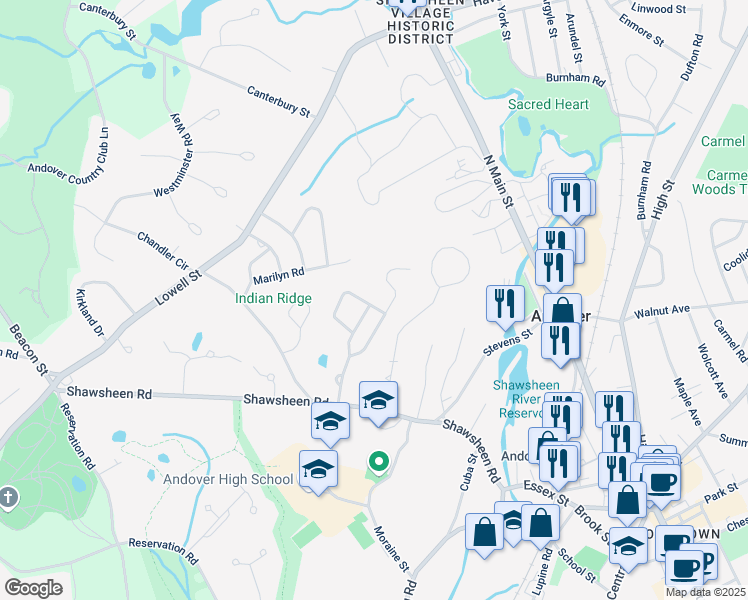 map of restaurants, bars, coffee shops, grocery stores, and more near 32 Lillian Terrace in Andover