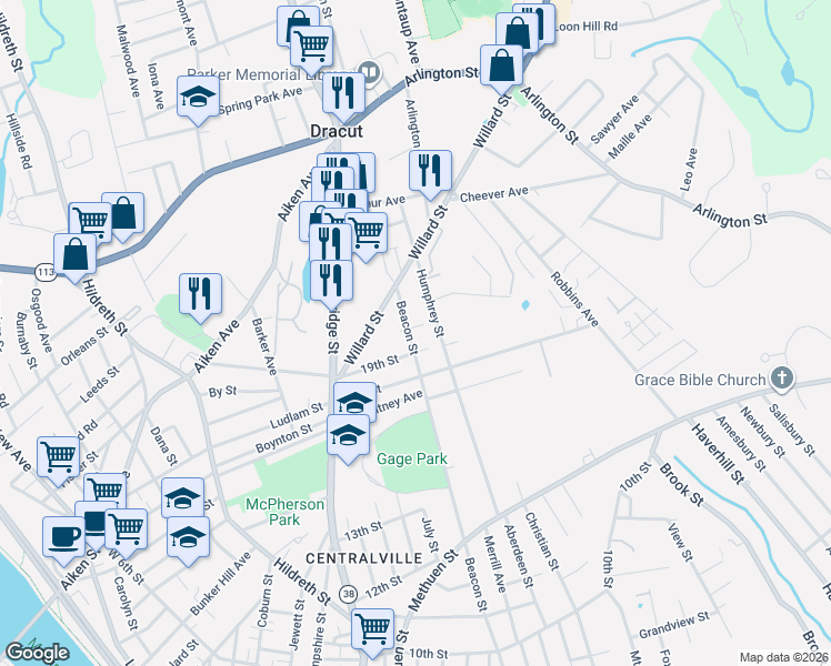 map of restaurants, bars, coffee shops, grocery stores, and more near 29 20th Street in Lowell