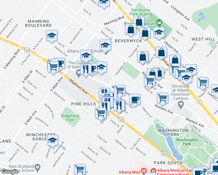 map of restaurants, bars, coffee shops, grocery stores, and more near 336 Western Avenue in Albany