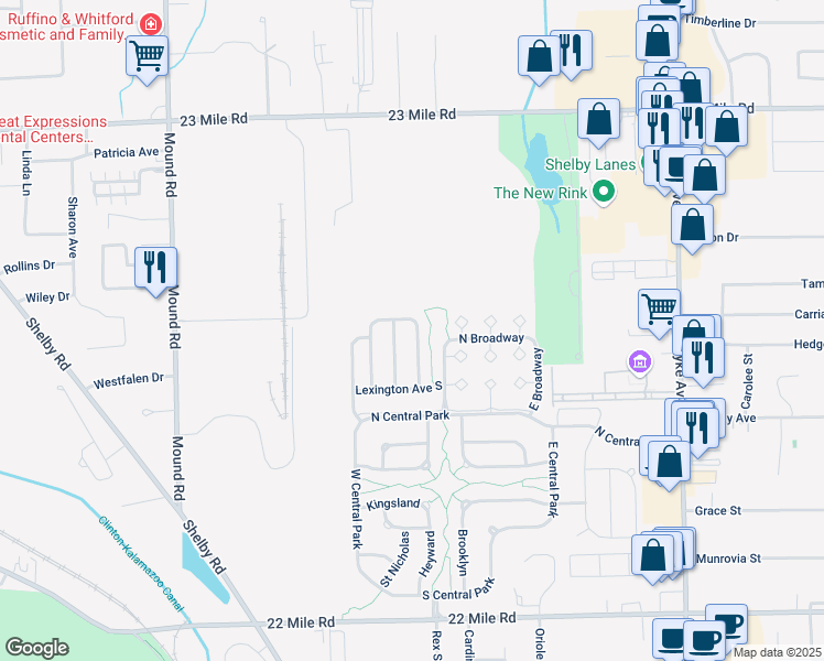 map of restaurants, bars, coffee shops, grocery stores, and more near 50109 Lexington Avenue East in Macomb County