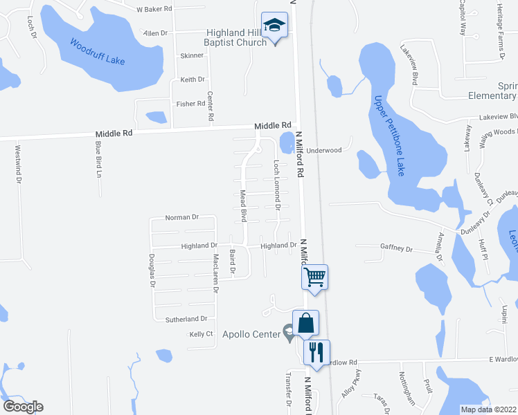 map of restaurants, bars, coffee shops, grocery stores, and more near 136 Highland Boulevard in Highland Charter Township