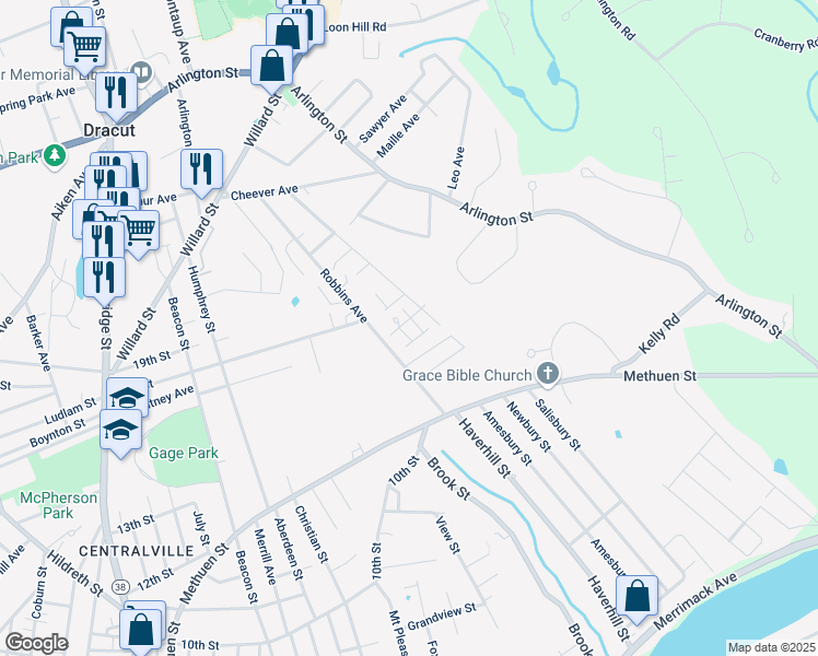 map of restaurants, bars, coffee shops, grocery stores, and more near 10 Hazelwood Avenue in Dracut