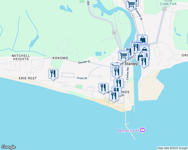 map of restaurants, bars, coffee shops, grocery stores, and more near 374 Front Street in Port Stanley