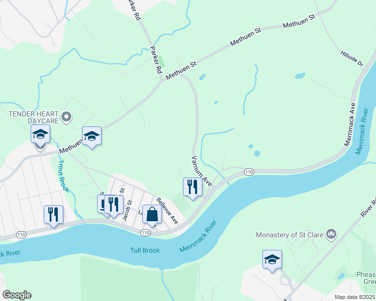 map of restaurants, bars, coffee shops, grocery stores, and more near 90 Varnum Avenue in Dracut