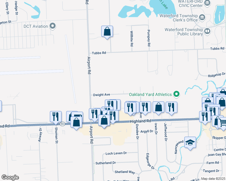 map of restaurants, bars, coffee shops, grocery stores, and more near 5862 Dwight Avenue in Waterford Township