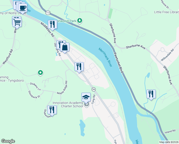 map of restaurants, bars, coffee shops, grocery stores, and more near 20 Merrimac Way in Tyngsborough
