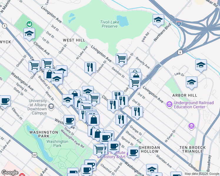 map of restaurants, bars, coffee shops, grocery stores, and more near 287 1st Street in Albany