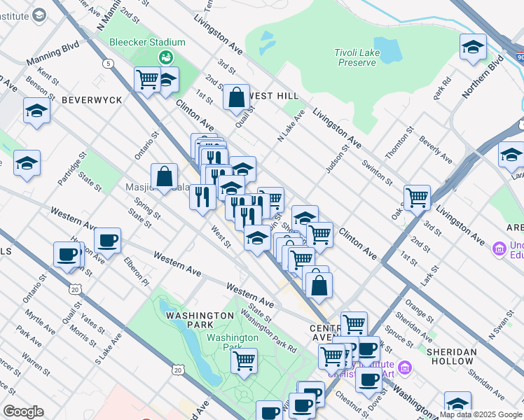 map of restaurants, bars, coffee shops, grocery stores, and more near 356 Elk Street in Albany