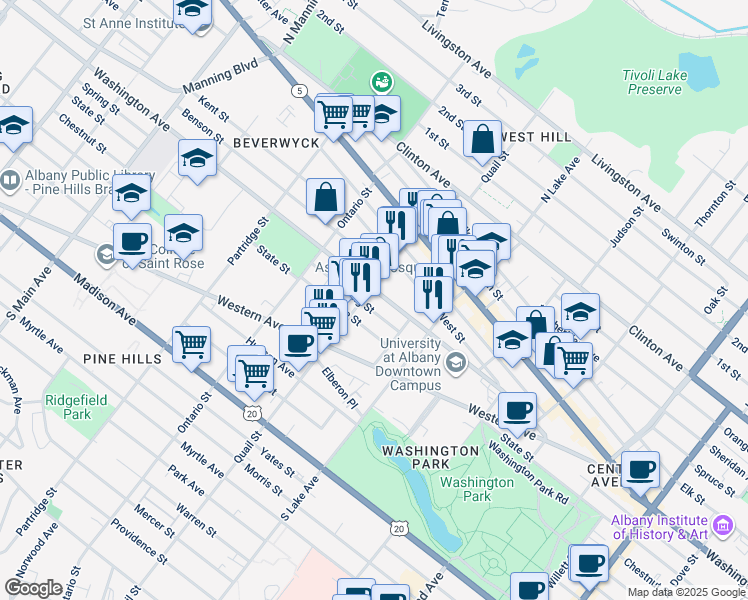 map of restaurants, bars, coffee shops, grocery stores, and more near 496 Washington Avenue in Albany