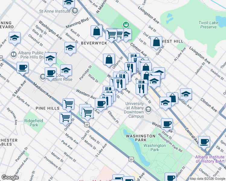 map of restaurants, bars, coffee shops, grocery stores, and more near 162 Quail Street in Albany