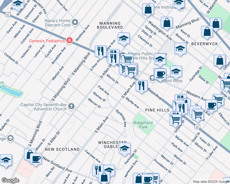 map of restaurants, bars, coffee shops, grocery stores, and more near 859 Park Avenue in Albany