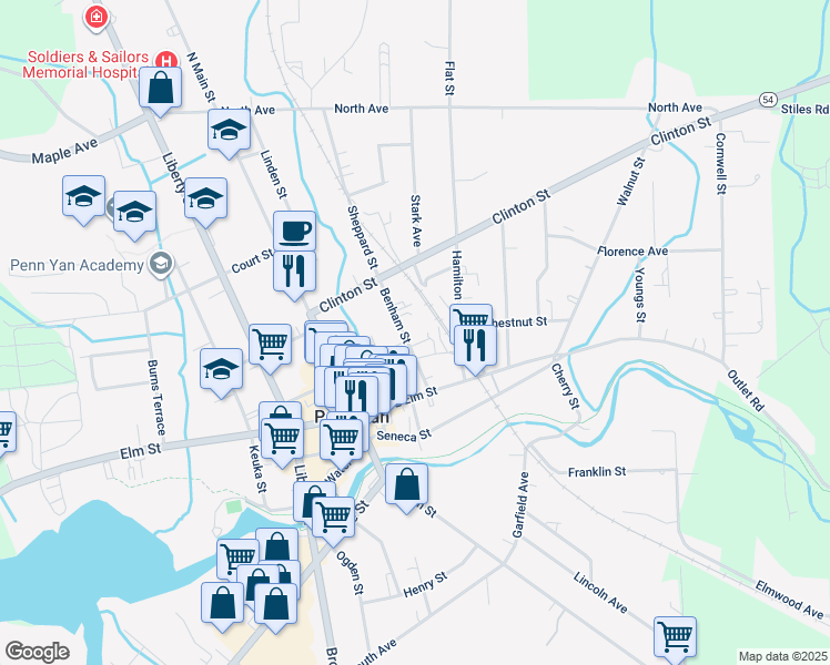map of restaurants, bars, coffee shops, grocery stores, and more near 120 Benham Street in Penn Yan