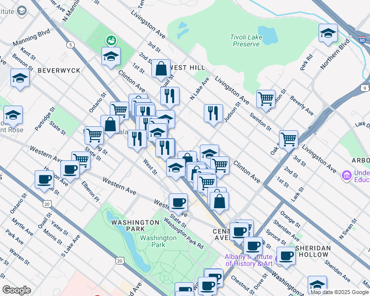 map of restaurants, bars, coffee shops, grocery stores, and more near 361 Elk Street in Albany