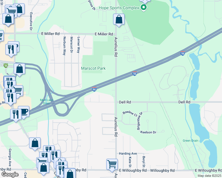 map of restaurants, bars, coffee shops, grocery stores, and more near 6500 Aurelius Road in Lansing