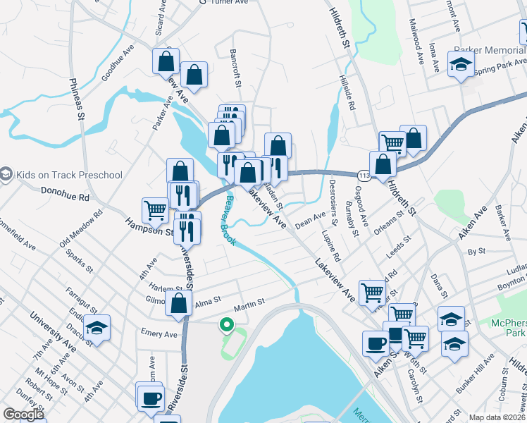 map of restaurants, bars, coffee shops, grocery stores, and more near 1046 Lakeview Avenue in Dracut