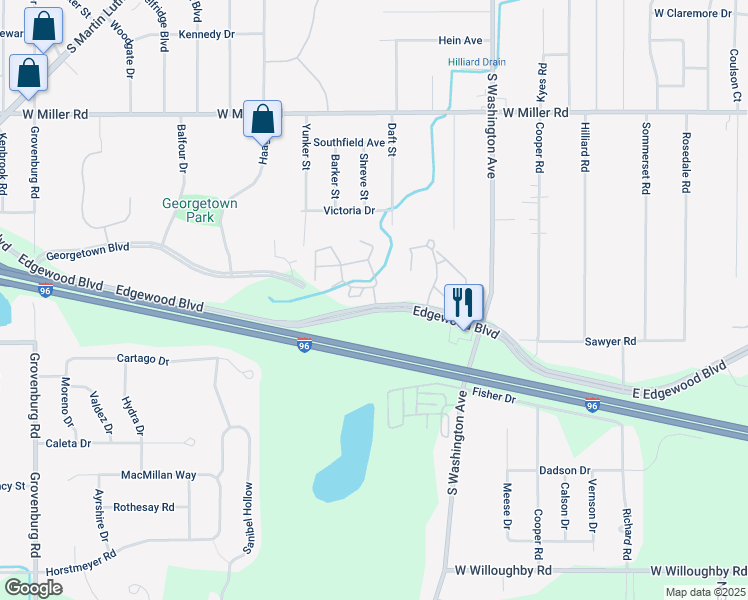 map of restaurants, bars, coffee shops, grocery stores, and more near 1016 West Edgewood Boulevard in Lansing