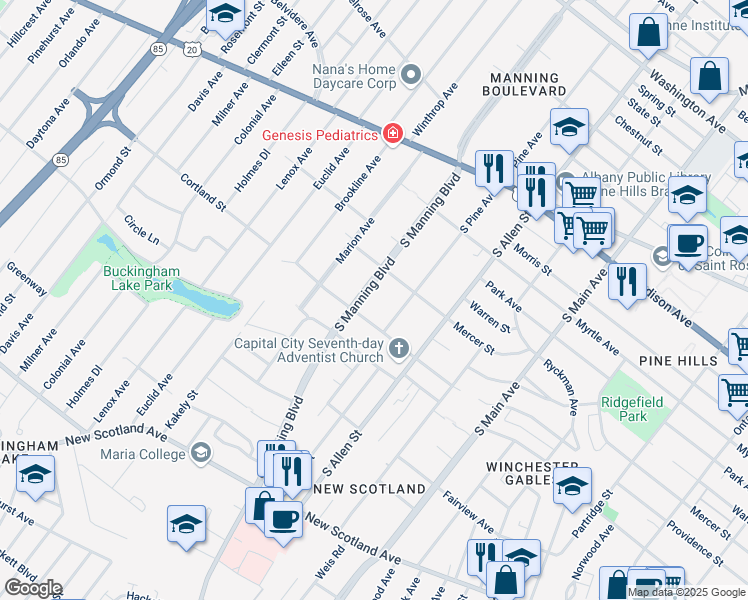 map of restaurants, bars, coffee shops, grocery stores, and more near 132 South Pine Avenue in Albany