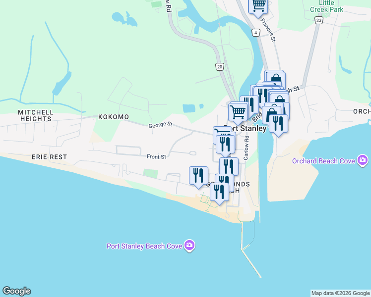 map of restaurants, bars, coffee shops, grocery stores, and more near 374 Front Street in Port Stanley