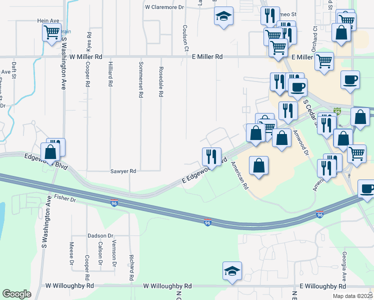 map of restaurants, bars, coffee shops, grocery stores, and more near 6430 Coulson Court in Lansing