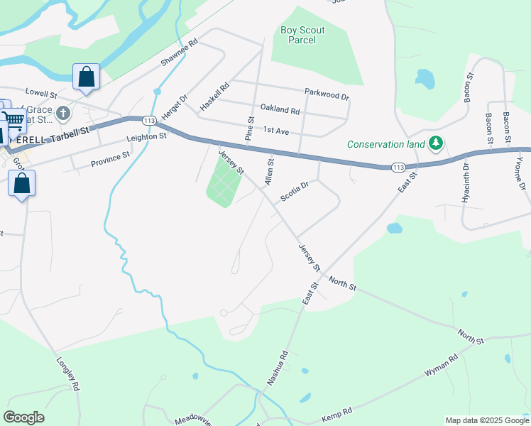 map of restaurants, bars, coffee shops, grocery stores, and more near 19 Jersey Street in Pepperell