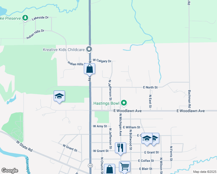 map of restaurants, bars, coffee shops, grocery stores, and more near 118 West North Street in Hastings