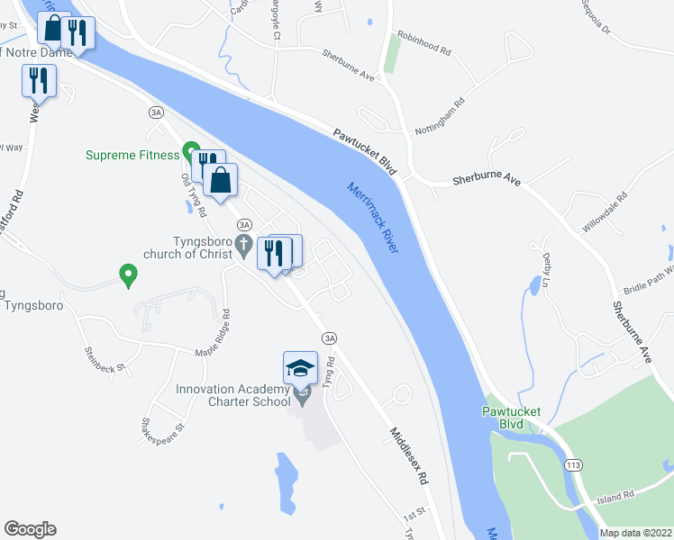 map of restaurants, bars, coffee shops, grocery stores, and more near 11 Merrimac Way in Tyngsborough