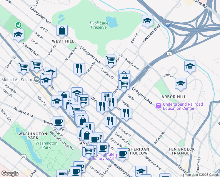 map of restaurants, bars, coffee shops, grocery stores, and more near 237 2nd Street in Albany