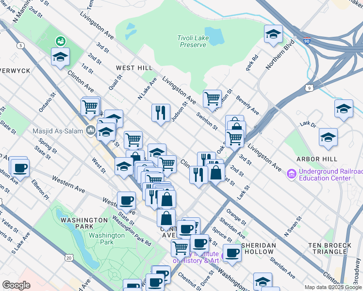 map of restaurants, bars, coffee shops, grocery stores, and more near 31 Lexington Avenue in Albany