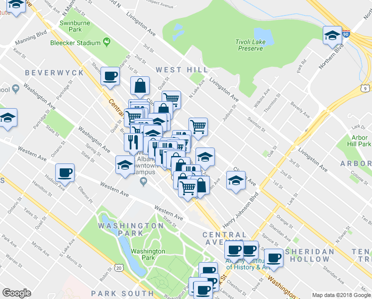 map of restaurants, bars, coffee shops, grocery stores, and more near 356 Elk Street in Albany