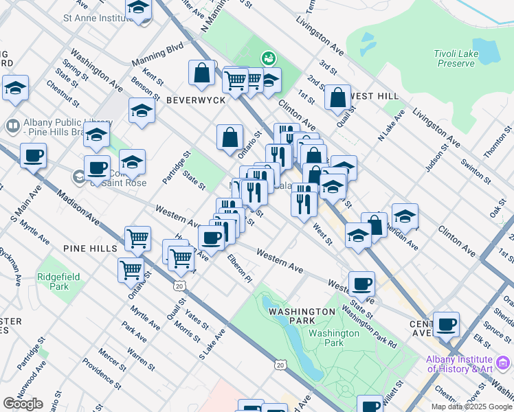 map of restaurants, bars, coffee shops, grocery stores, and more near 162 Quail Street in Albany