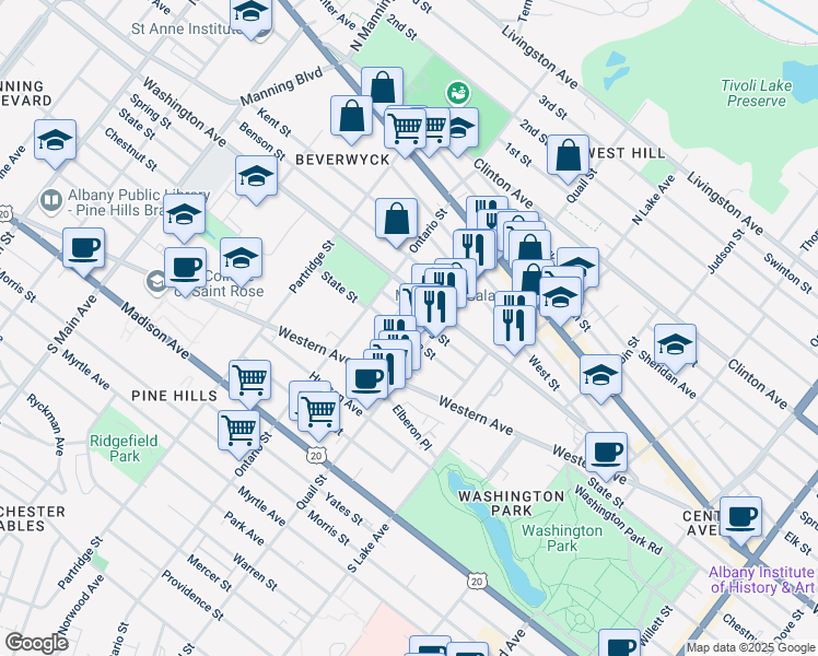 map of restaurants, bars, coffee shops, grocery stores, and more near 690 State Street in Albany
