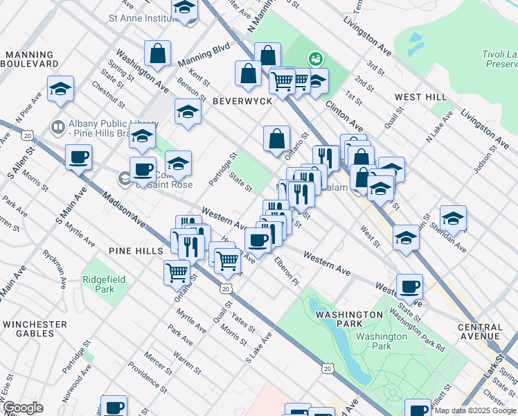 map of restaurants, bars, coffee shops, grocery stores, and more near 222 Ontario Street in Albany