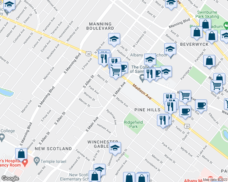map of restaurants, bars, coffee shops, grocery stores, and more near 41 South Main Avenue in Albany