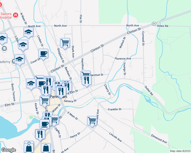 map of restaurants, bars, coffee shops, grocery stores, and more near 109 Lawrence Street in Penn Yan