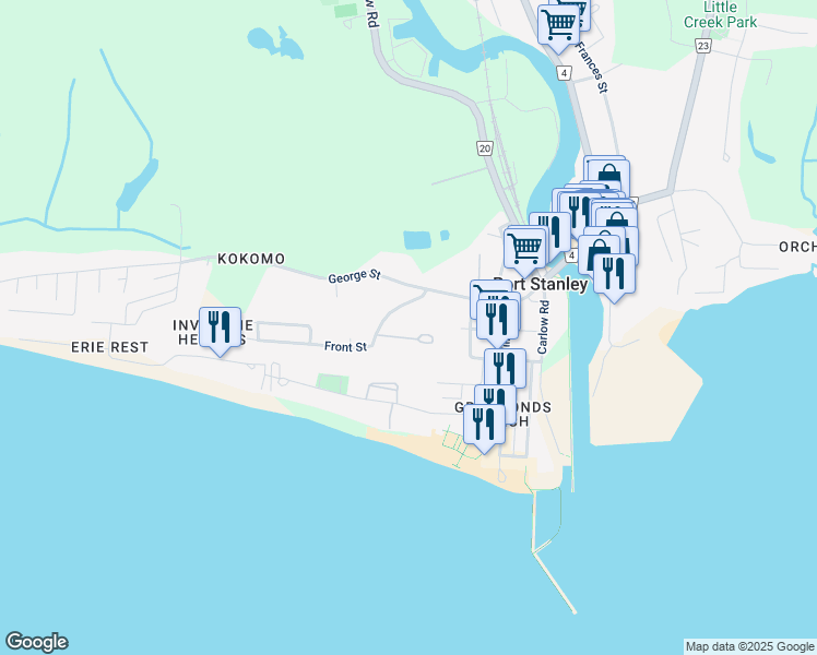 map of restaurants, bars, coffee shops, grocery stores, and more near 374 Front Street in Port Stanley