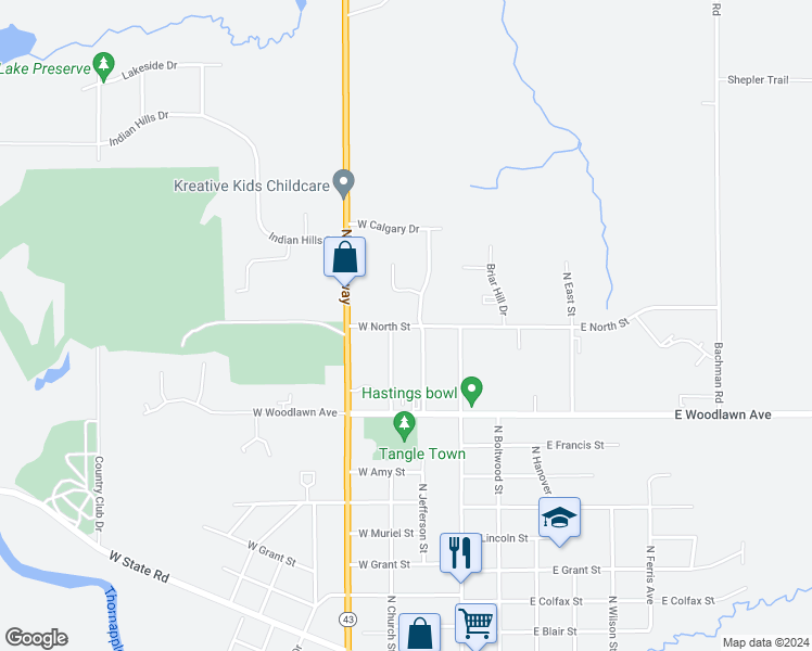 map of restaurants, bars, coffee shops, grocery stores, and more near 118 West North Street in Hastings