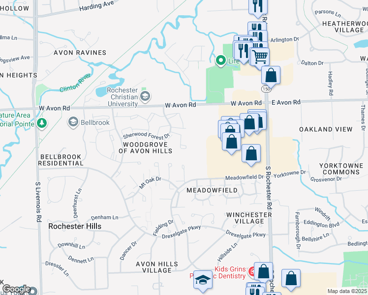 map of restaurants, bars, coffee shops, grocery stores, and more near 605 Highpoint Circle in Rochester Hills
