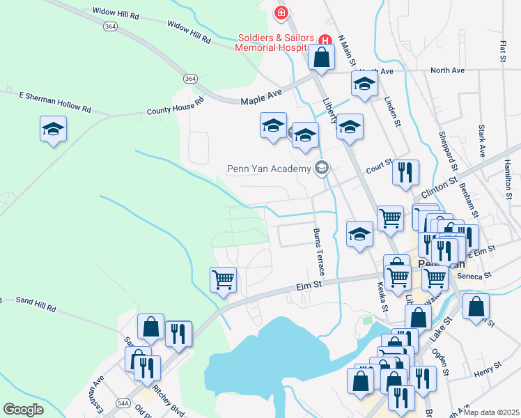 map of restaurants, bars, coffee shops, grocery stores, and more near 426 Court Street in Penn Yan