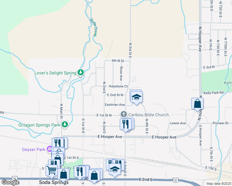 map of restaurants, bars, coffee shops, grocery stores, and more near 249 East 2nd Street North in Soda Springs