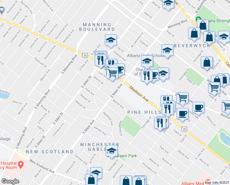 map of restaurants, bars, coffee shops, grocery stores, and more near S Main Ave & Morris St in Albany