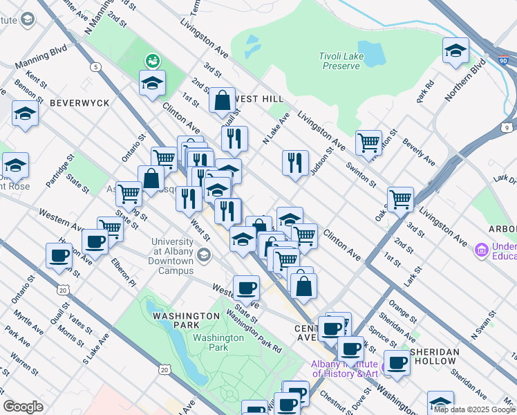 map of restaurants, bars, coffee shops, grocery stores, and more near 356 Elk Street in Albany