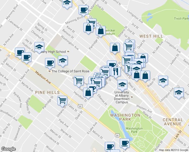 map of restaurants, bars, coffee shops, grocery stores, and more near 690 State Street in Albany
