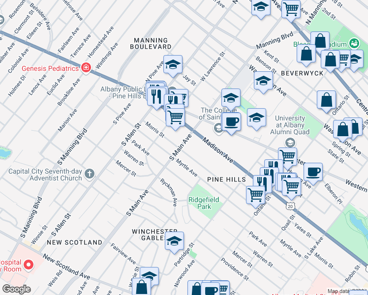 map of restaurants, bars, coffee shops, grocery stores, and more near 656 Morris Street in Albany